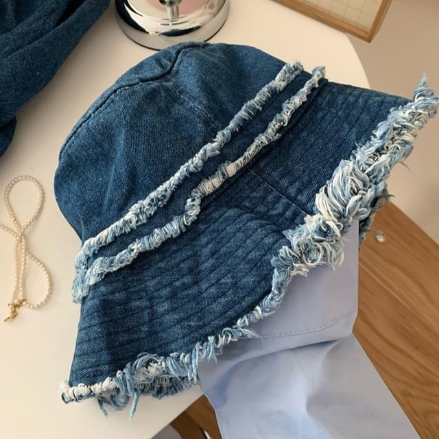 Denim Fringed Distressed Hat Bucket