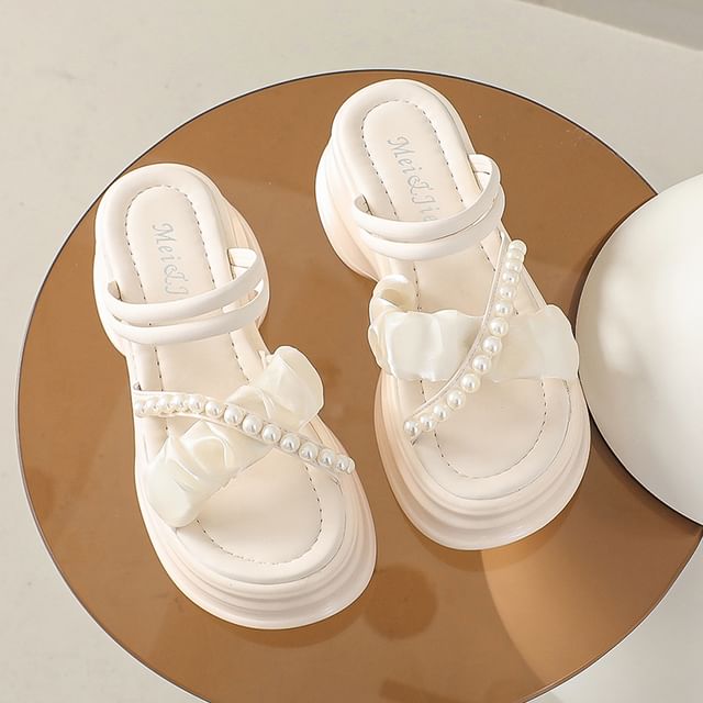 Accent Pearl Faux Platform Ruched Strap Cross Sandals