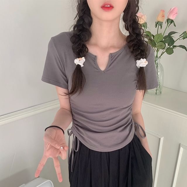 Plain Waist Drawstring Neck Notch Short-Sleeve Tee