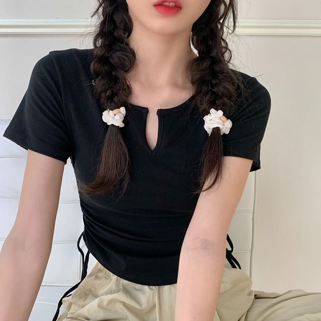 Plain Waist Drawstring Neck Notch Short-Sleeve Tee