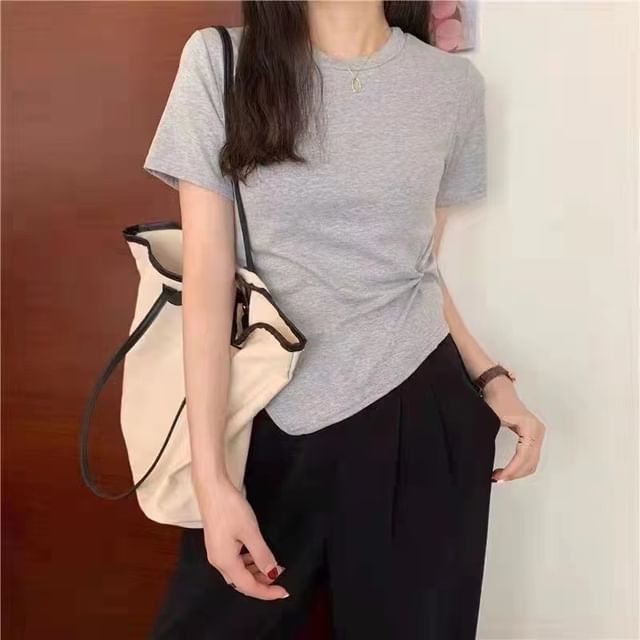 Asymmetrical Short-Sleeve Plain Neck T-Shirt Ruched Crew