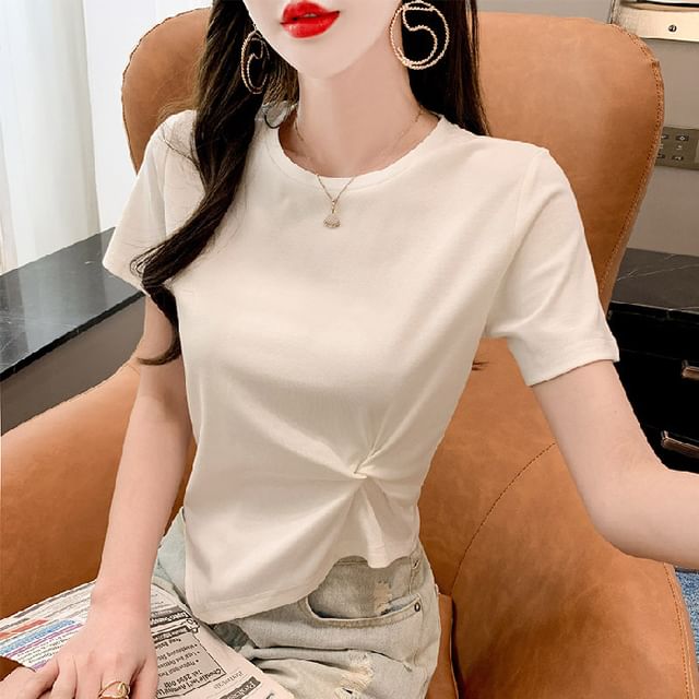 Asymmetrical Short-Sleeve Plain Neck T-Shirt Ruched Crew