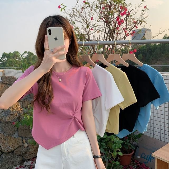 Asymmetrical Short-Sleeve Plain Neck T-Shirt Ruched Crew