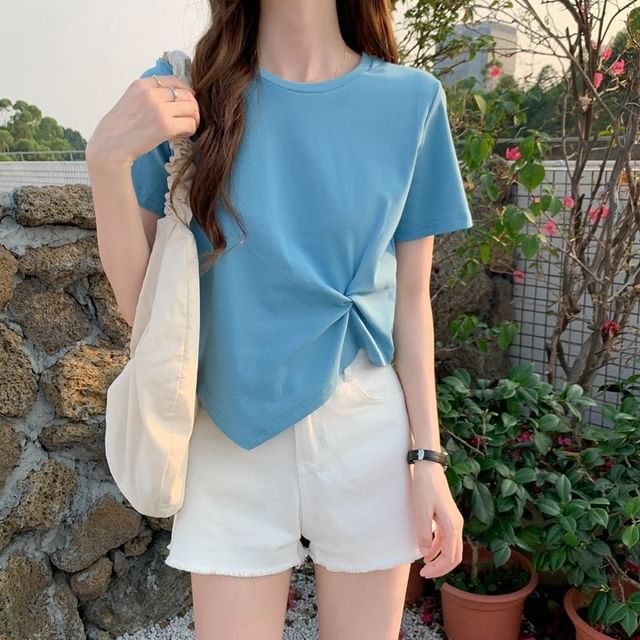 Asymmetrical Short-Sleeve Plain Neck T-Shirt Ruched Crew