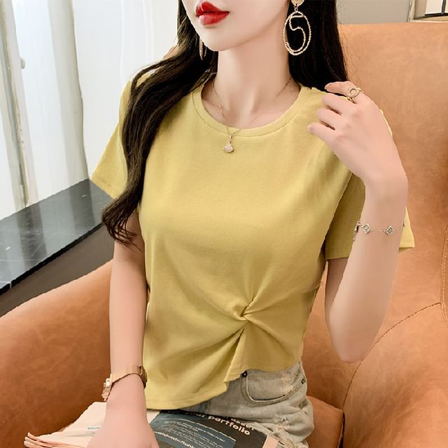 Asymmetrical Short-Sleeve Plain Neck T-Shirt Ruched Crew