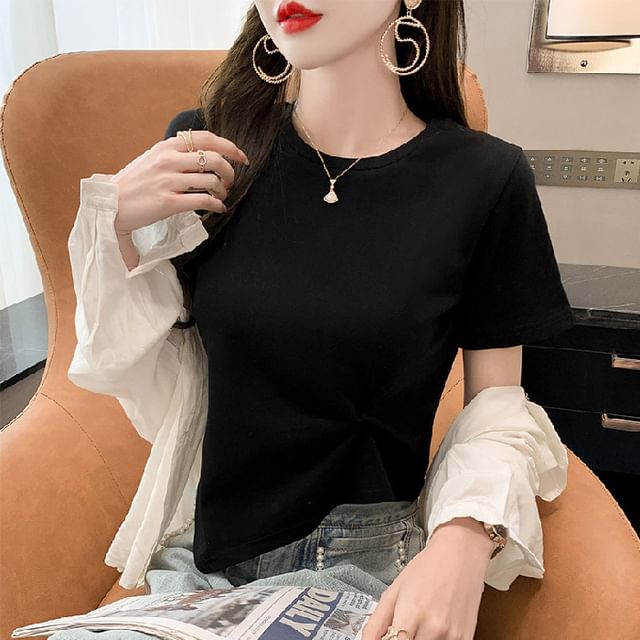 Asymmetrical Short-Sleeve Plain Neck T-Shirt Ruched Crew