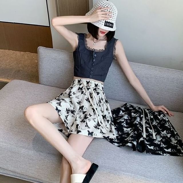 Drawstring Waist Print Shorts Butterfly