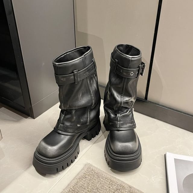 Boots Chunky Heel Mid-Calf Buckled Platform