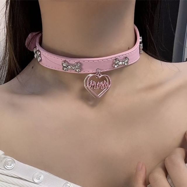 Rhinestone Faux Choker Leather Heart
