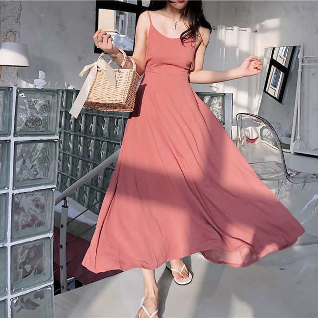 Spaghetti Sundress Plain Back Strap Open Maxi