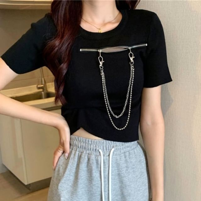Plain T-Shirt Zip Short-Sleeve Crew Neck Chain