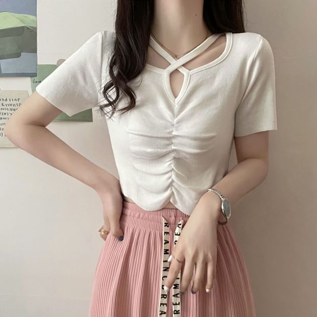 Criss Knit Notch Top Plain Cross Short-Sleeve Neck Ruched