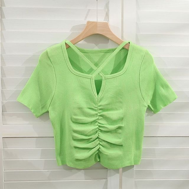Criss Knit Notch Top Plain Cross Short-Sleeve Neck Ruched