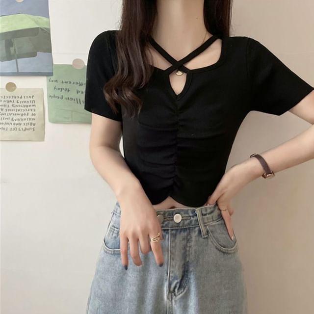 Criss Knit Notch Top Plain Cross Short-Sleeve Neck Ruched