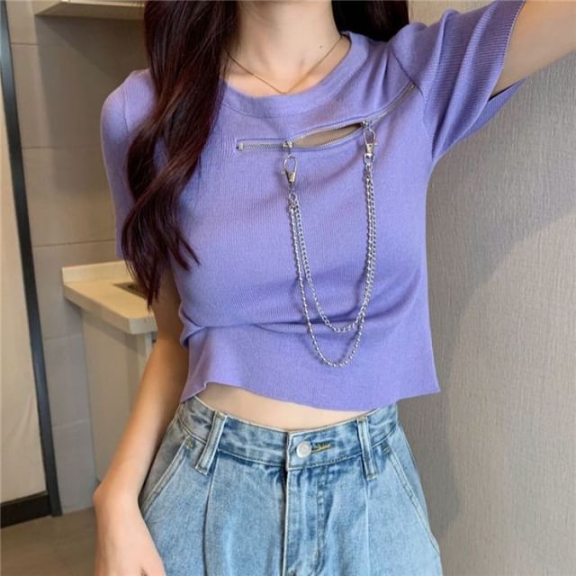 Plain T-Shirt Zip Short-Sleeve Crew Neck Chain