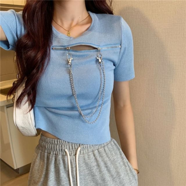 Plain T-Shirt Zip Short-Sleeve Crew Neck Chain
