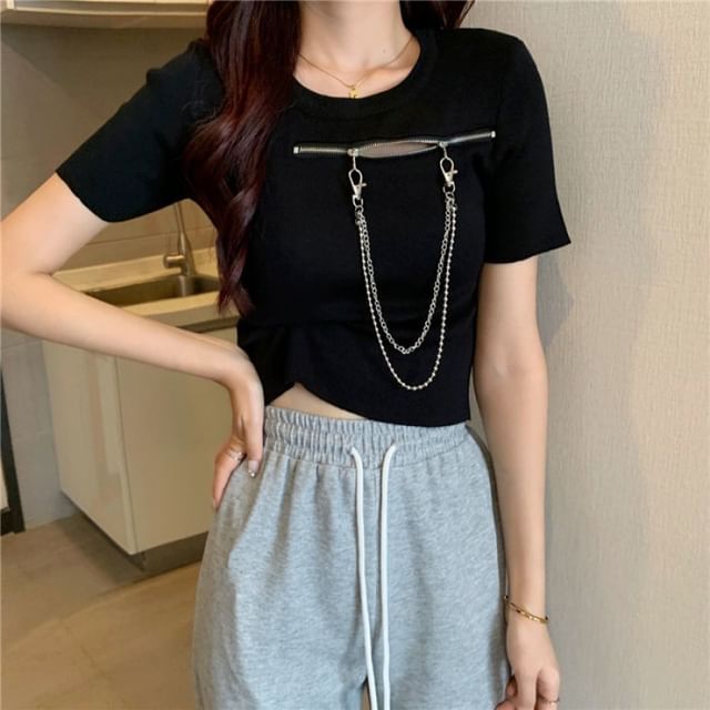 Plain T-Shirt Zip Short-Sleeve Crew Neck Chain