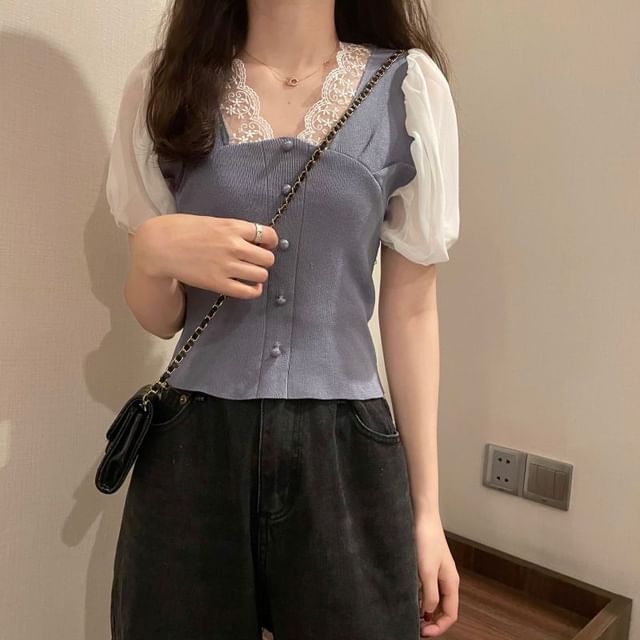 Embroidered V-Neck Top Short-Sleeve Button Panel