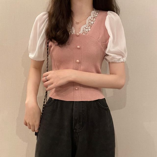Embroidered V-Neck Top Short-Sleeve Button Panel
