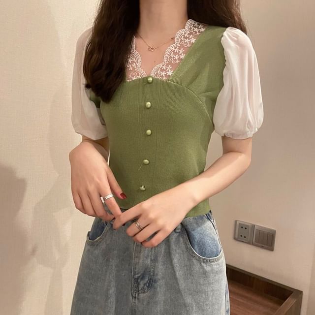 Embroidered V-Neck Top Short-Sleeve Button Panel