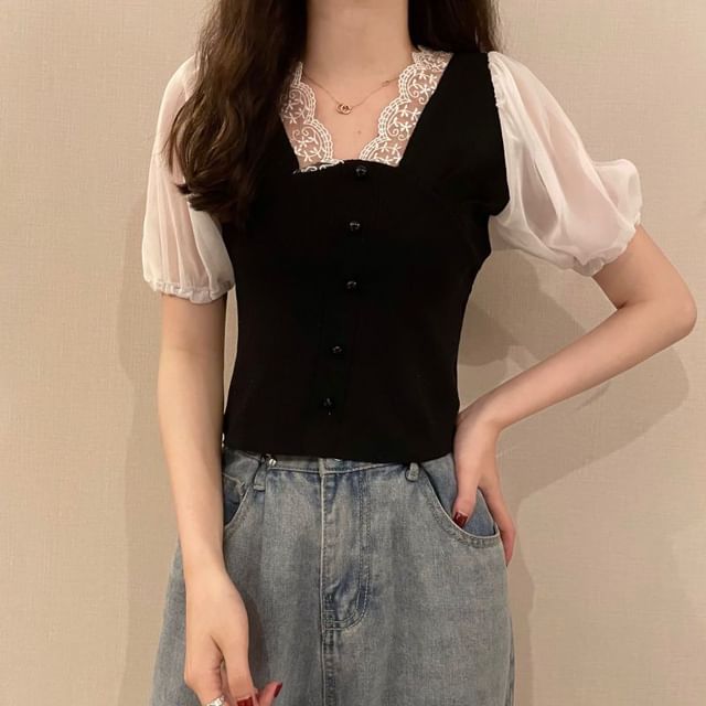 Embroidered V-Neck Top Short-Sleeve Button Panel