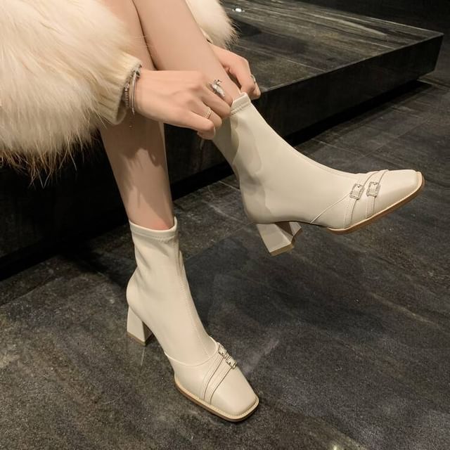 Sample Square-Toe Chunky Heel Buckled Short Boots