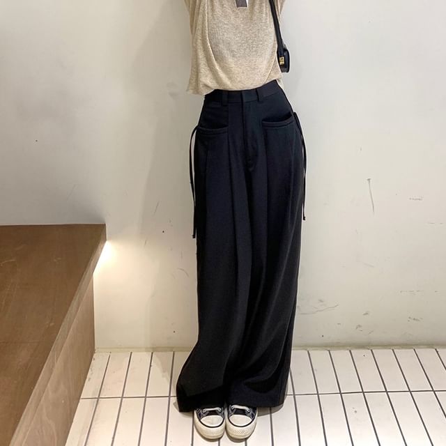 Suit Pleated Pants Wide High Leg Plain Rise