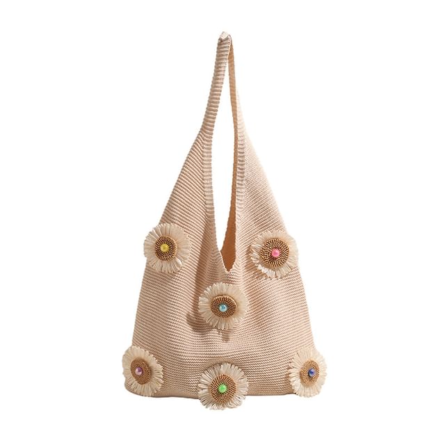 Flower Accent Knit Shopper Bag