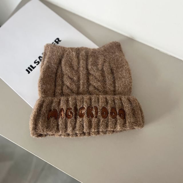 Beanie Cable Embroidered Lettering Knit