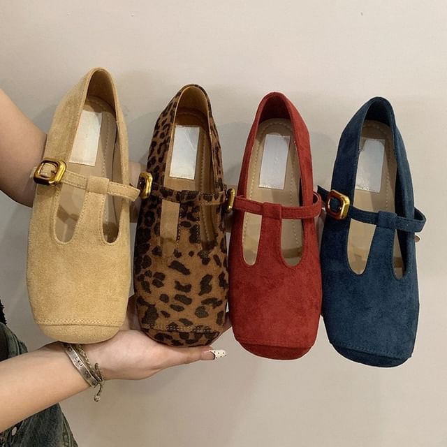 Sample Square Toe T-Strap Faux Suede Flats