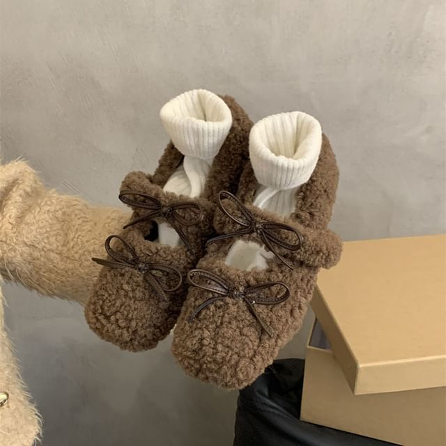 Sample Square Toe Bow Fleece Hidden Wedge Mary Jane Shoes