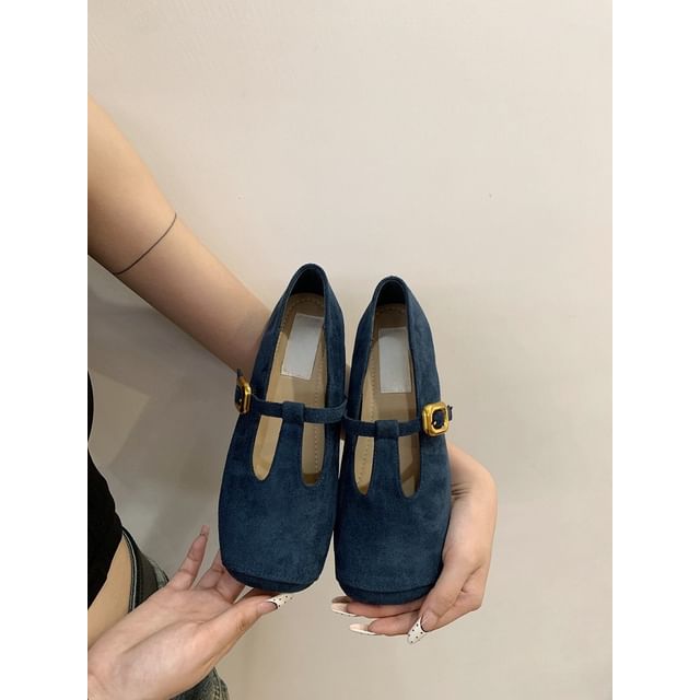 Sample Square Toe T-Strap Faux Suede Flats
