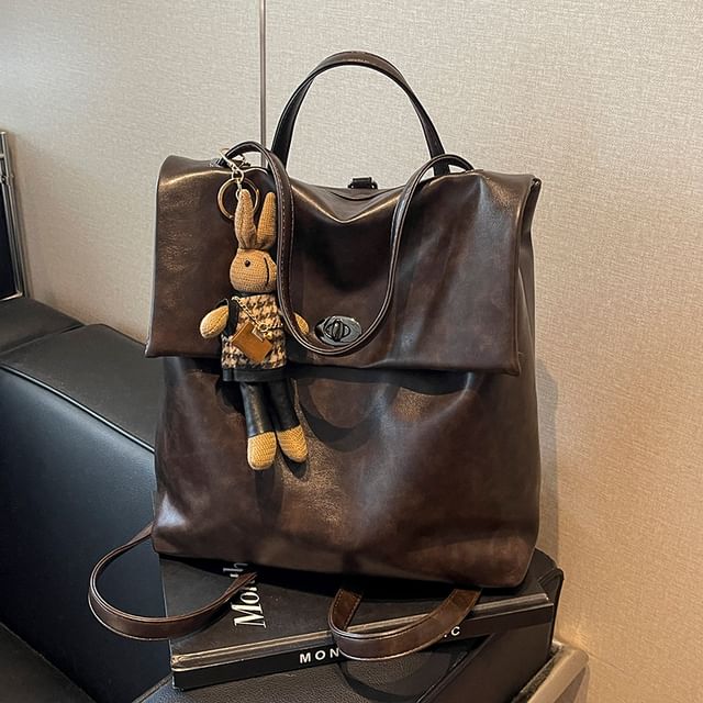 Leather Backpack With Flap Charm Faux