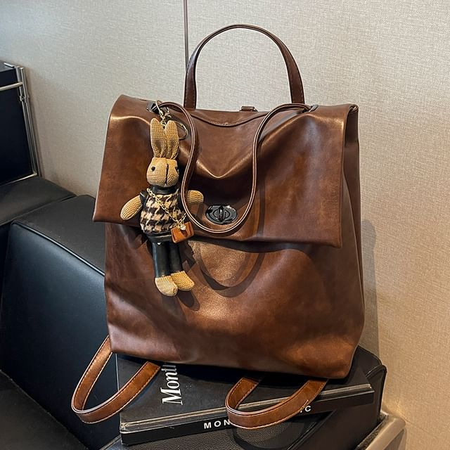 Leather Backpack With Flap Charm Faux