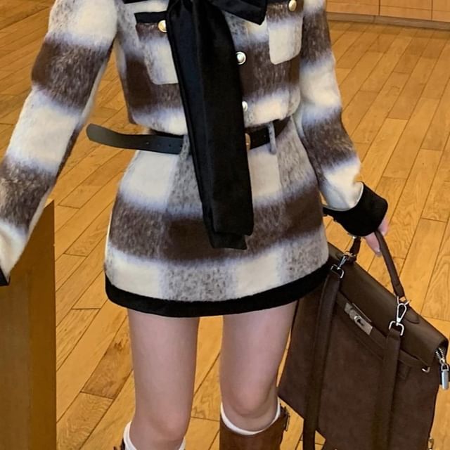 Bow Contrast Jacket Crew Trim / Crop Accent Button-Up Plaid Neck
