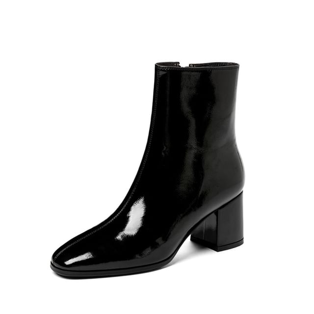 Leather Chunky Heel Plain Short Patent Zip-Up Boots