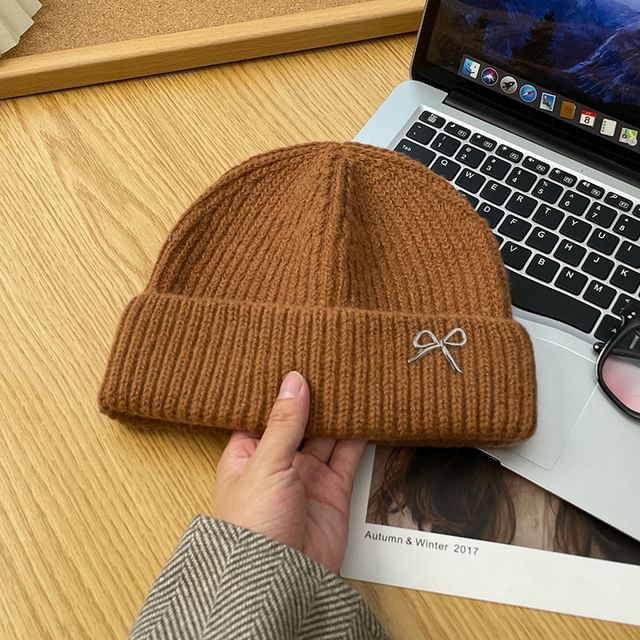 Knit Metal Bow Beanie