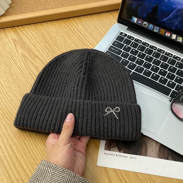 Knit Metal Bow Beanie