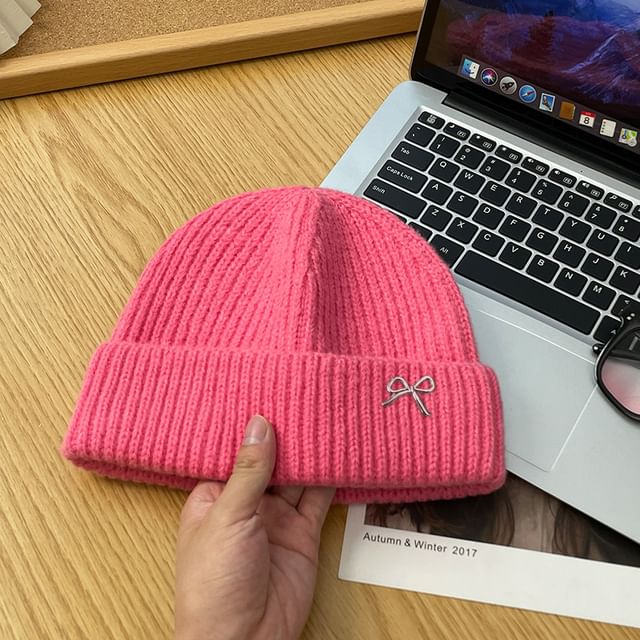 Knit Metal Bow Beanie