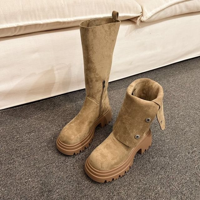 Platform Calf Faux Suede Button Mid Boots