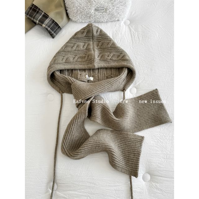 Plain Cable Scarf Hooded Knit