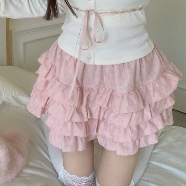 High Fluffy Cami / Lace Top Cardigan Front Trim Open Plain