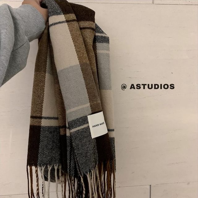 Plain Knit Snood Scarf Ribbed Button / Plaid