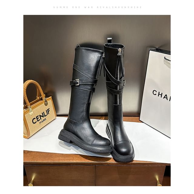Boots Platform Tall Plain Faux Zip-Up Leather Buckled
