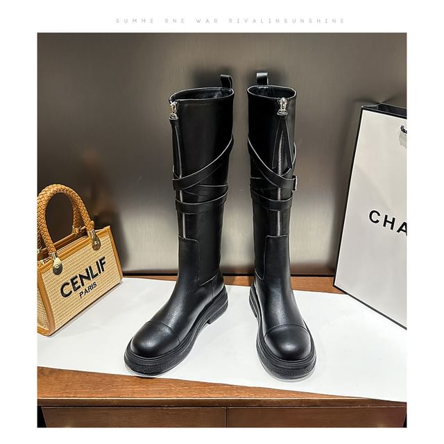 Boots Platform Tall Plain Faux Zip-Up Leather Buckled