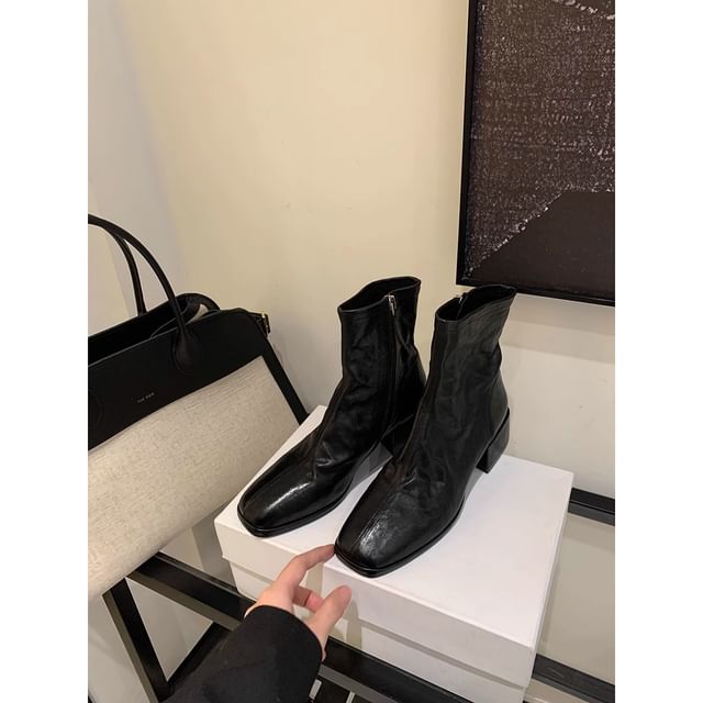 Chunky Heel Plain Zip-Up Genuine Leather Short Boots