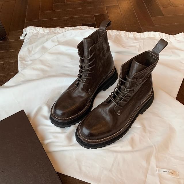 Short Boots Leather Lace-Up Genuine Plain Platform