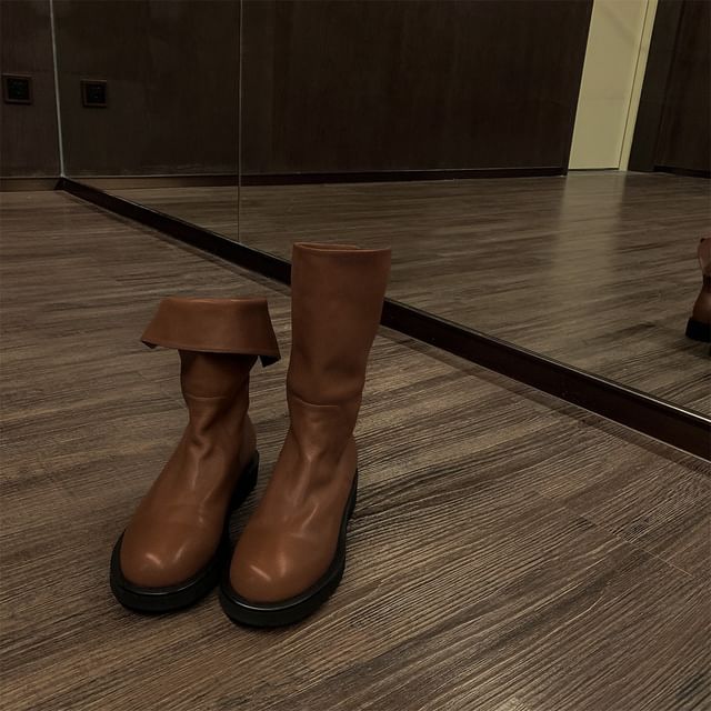Platform Mid-Calf Plain Genuine Boots Leather