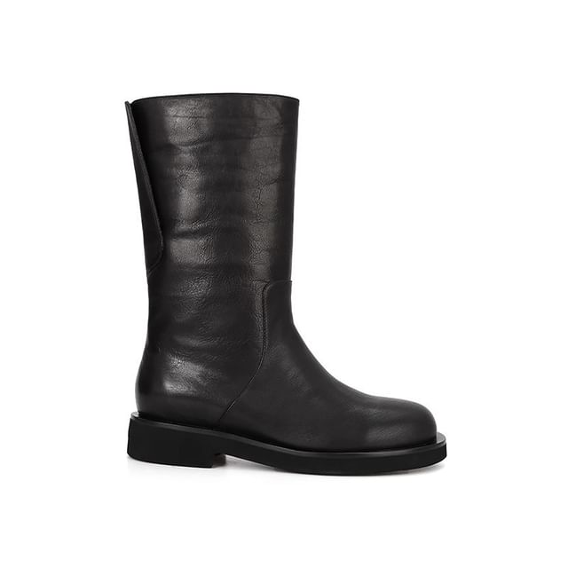 Platform Mid-Calf Plain Genuine Boots Leather