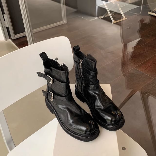 Genuine Buckled Boots Platform Plain Leather Short